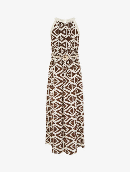Robe longue à col américain imprimé graphique - Marron - 2