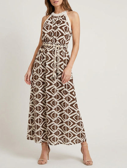 Robe longue à col américain imprimé graphique - Marron
