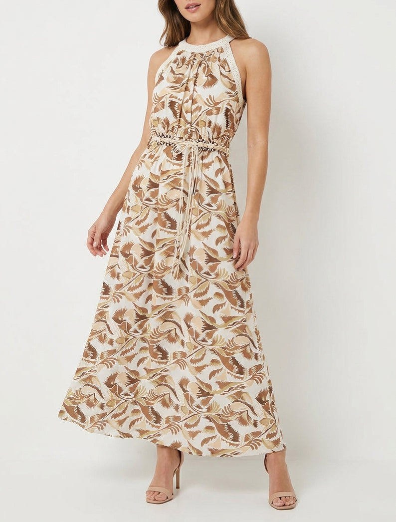 Robe longue à col américain imprimé fantaisie - Marron