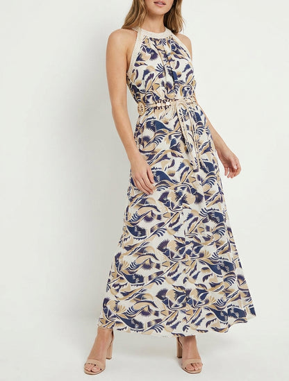 Robe longue à col américain imprimé fantaisie - Marine