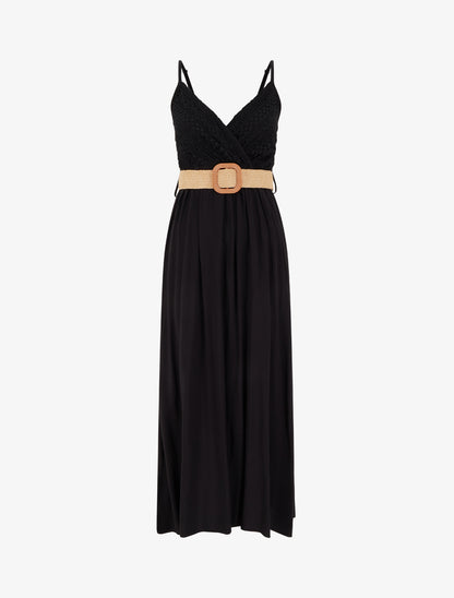 Robe longue unie à buste en dentelle - Noir - 1