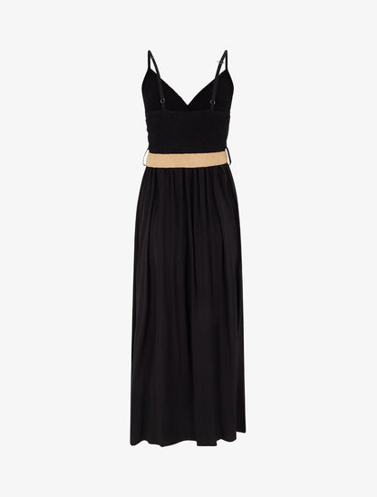 Robe longue unie à buste en dentelle - Noir - 2