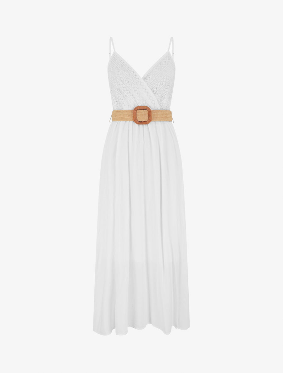 Robe longue unie à buste en dentelle - Blanc - 1