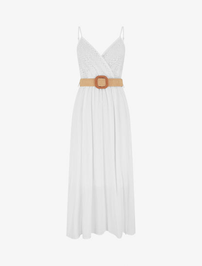 Robe longue unie à buste en dentelle - Blanc - 1