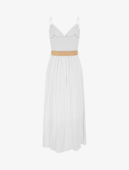 Robe longue unie à buste en dentelle - Blanc - 2