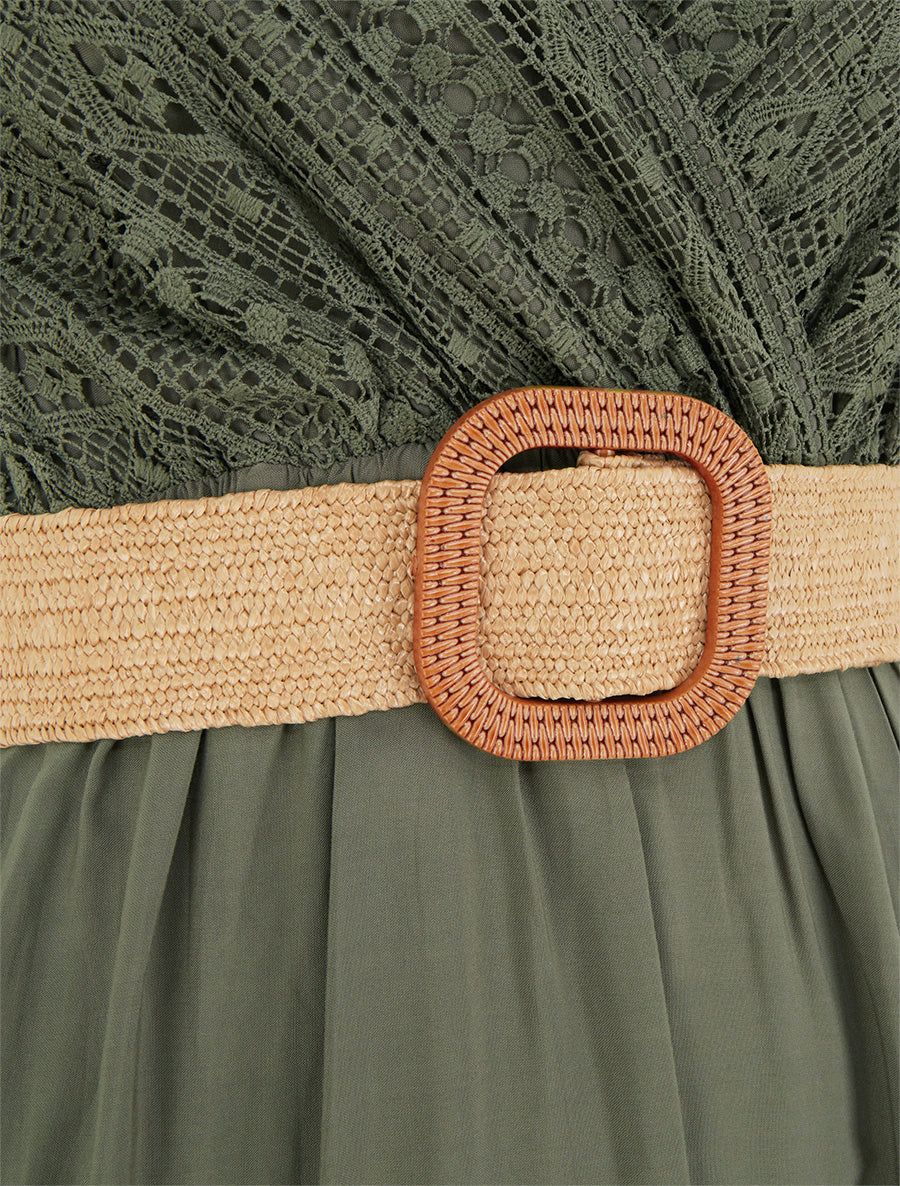 Robe longue unie à buste en dentelle - Kaki - 3