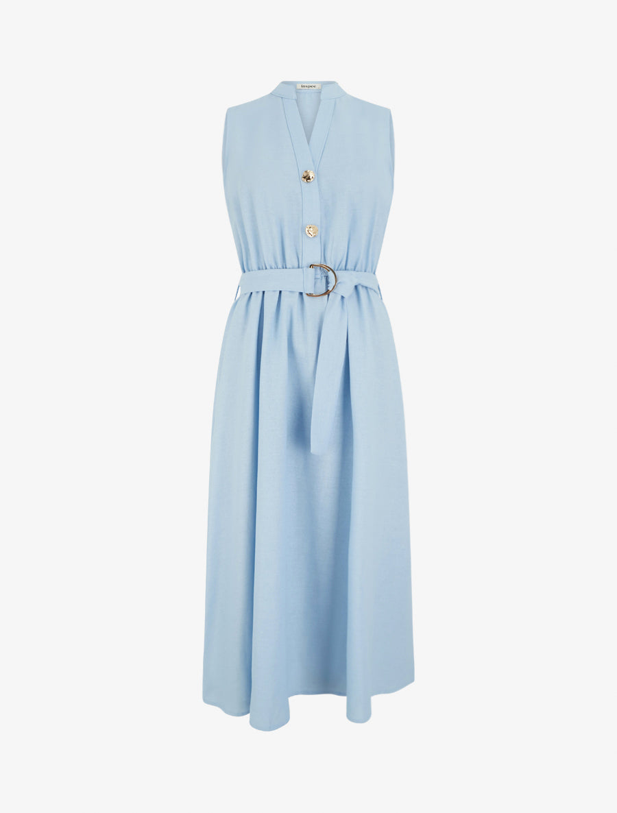 Robe longue unie effet lin - Bleu ciel - 1