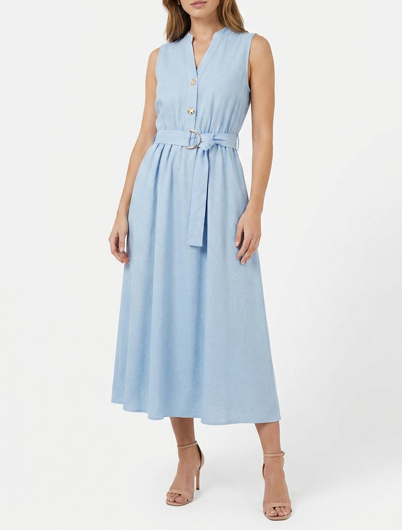 Robe longue unie effet lin - Bleu ciel