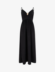 Robe longue unie à col V bijou - Noir - 1