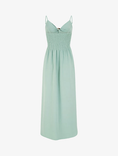 Robe longue unie à col V bijou - Vert d&