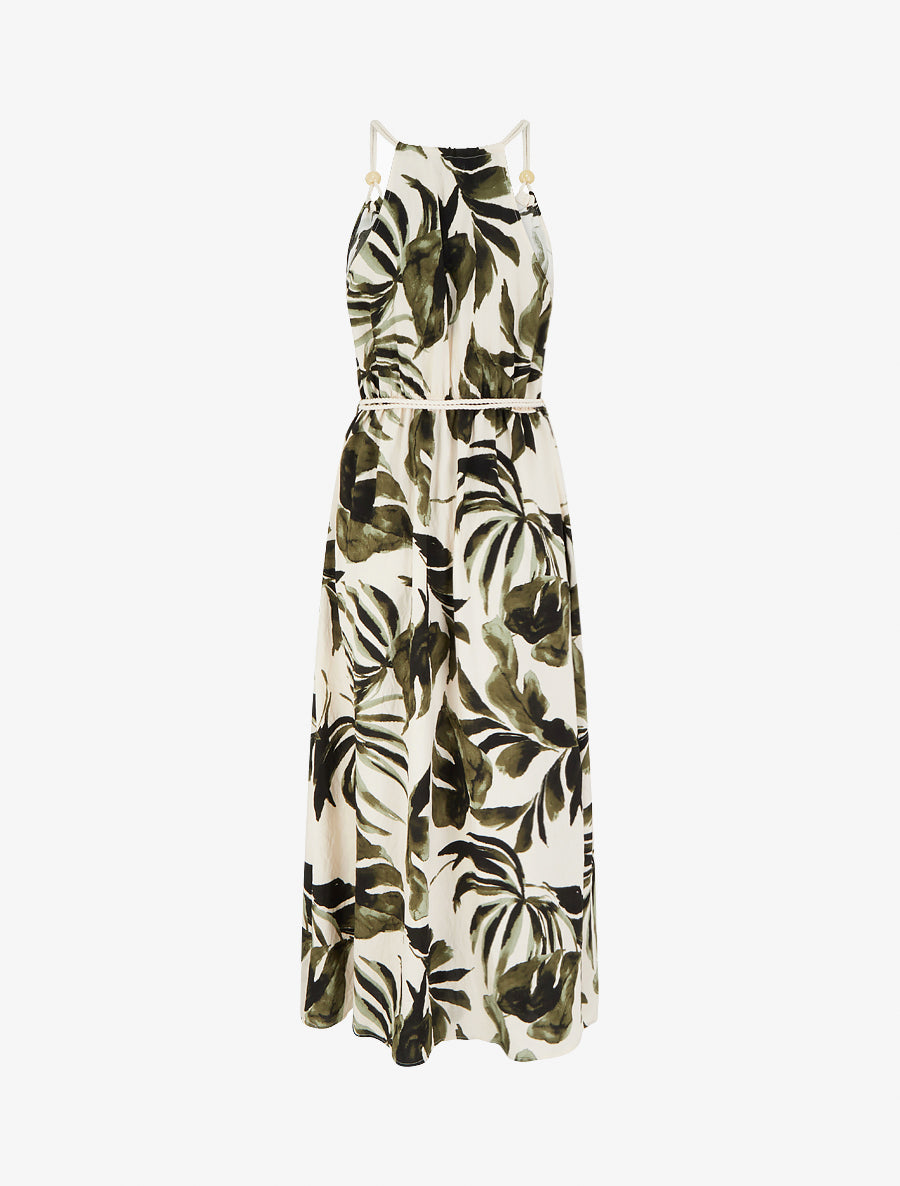 Robe imprimé feuilles à bretelles en cordelettes - Kaki - 2