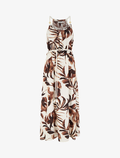 Robe imprimé feuilles à bretelles en cordelettes - Marron - 1