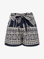 Short droit élastiqué imprimé feuilles stylisées - Marine - 1