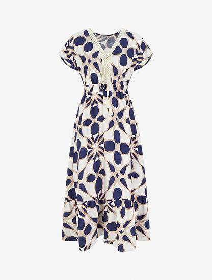 Robe à imprimé fantaisie et col en crochet - Marine - 1
