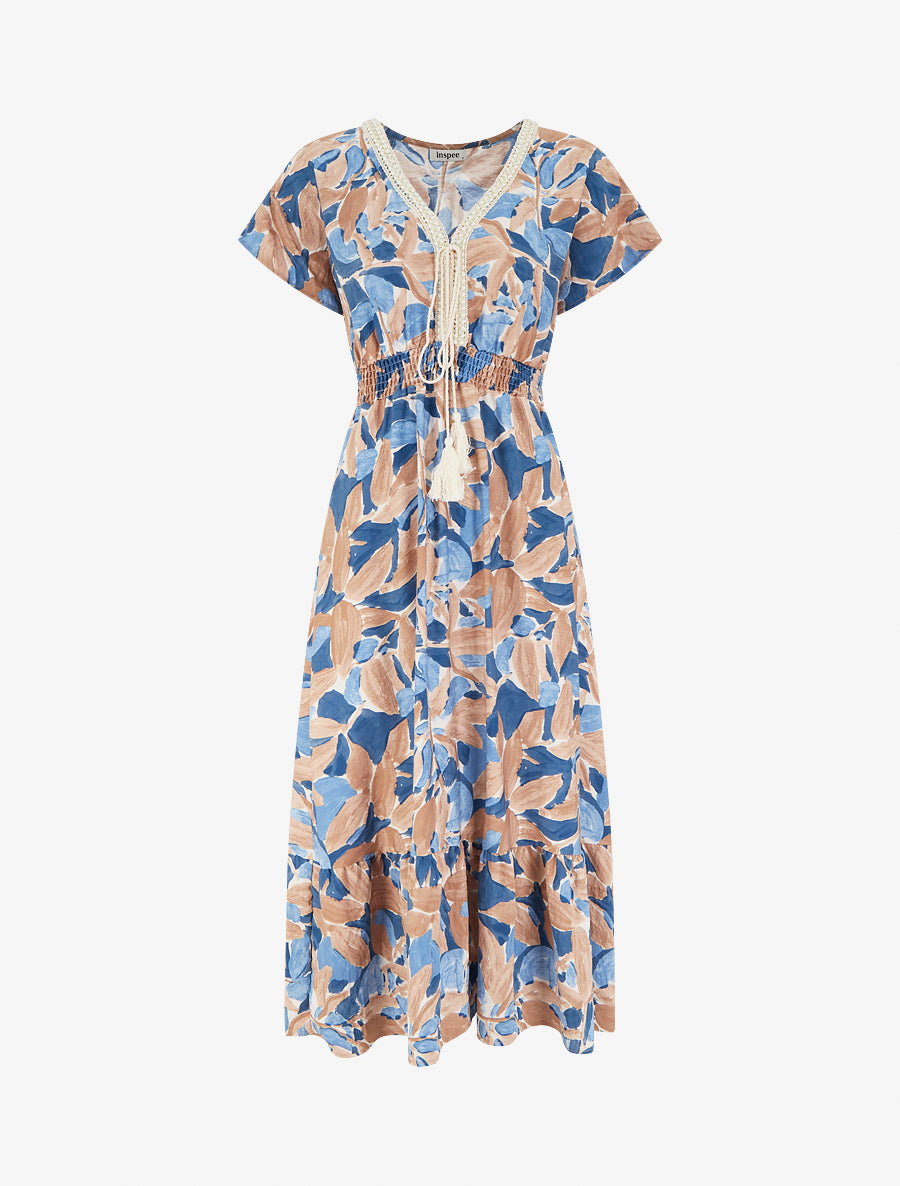 Robe à imprimé stylisé et col en crochet - Bleu - 1