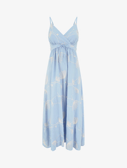 Robe longue empire à broderies végétales - Bleu ciel - 1