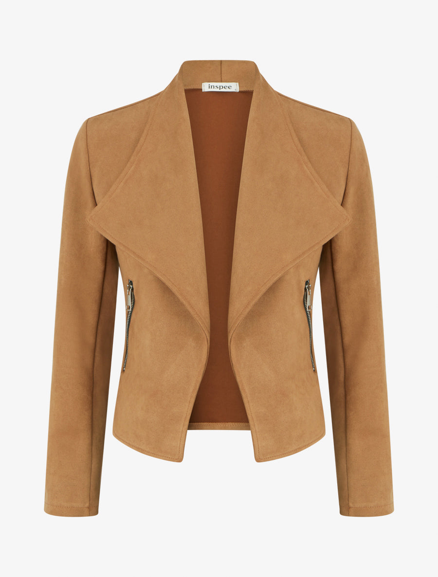 Veste en suédine col droit à rabat - Camel