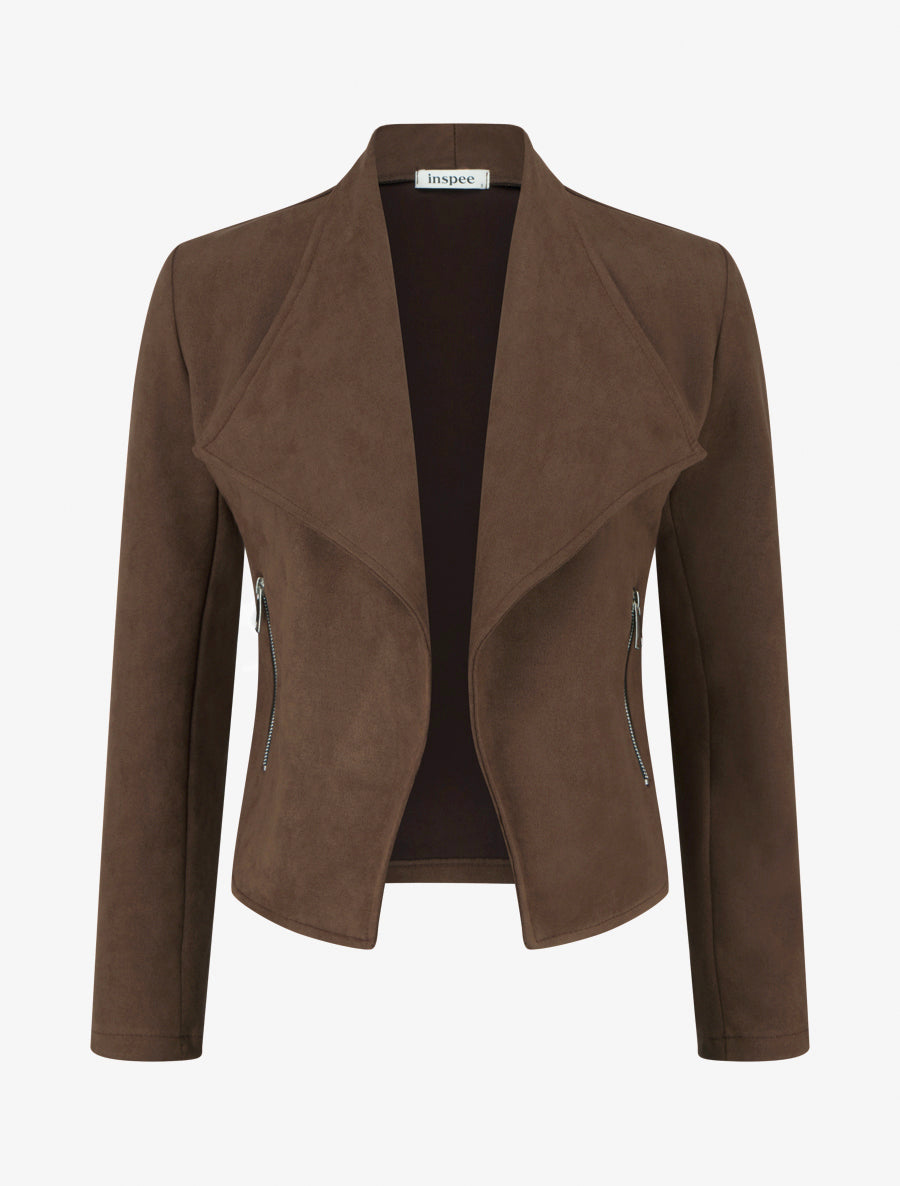 Veste en suédine col droit zippée - Marron