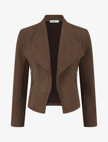 Veste en suédine col droit zippée - Marron