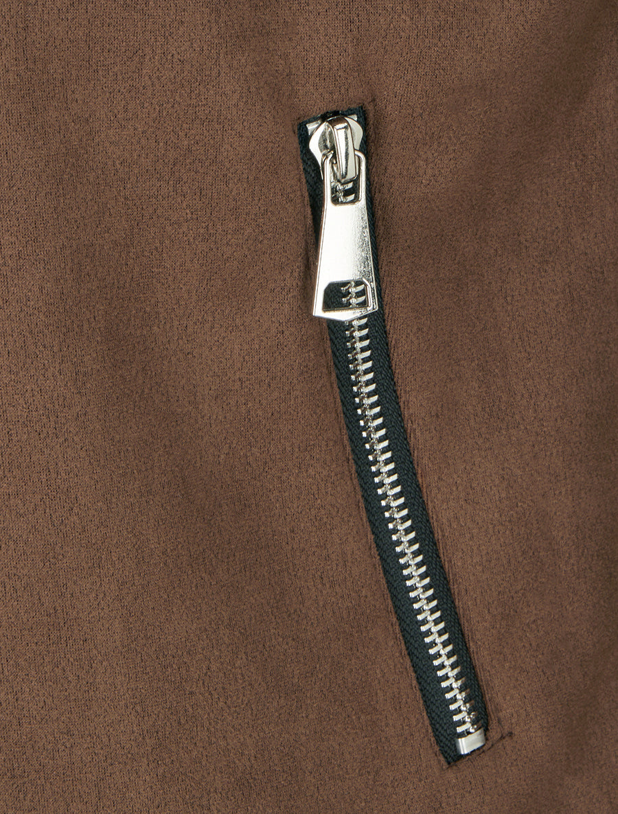 Veste en suédine col droit zippée - Marron