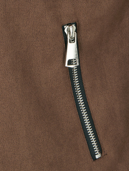 Veste en suédine col droit zippée - Marron