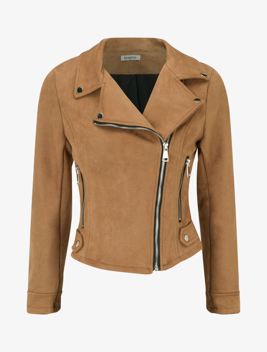 Veste suédine col cranté zippée - Camel