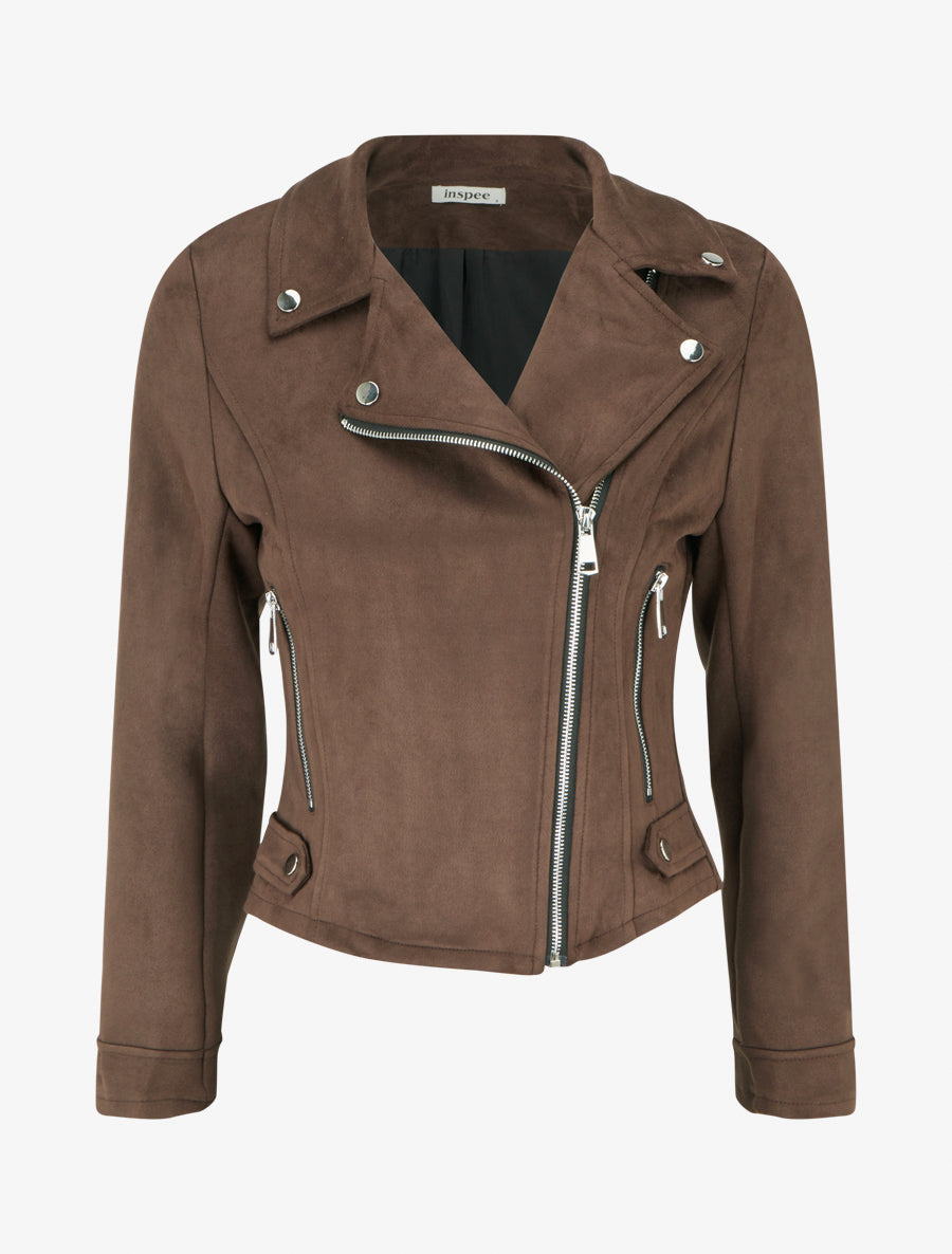 Veste suédine col cranté zippée - Marron