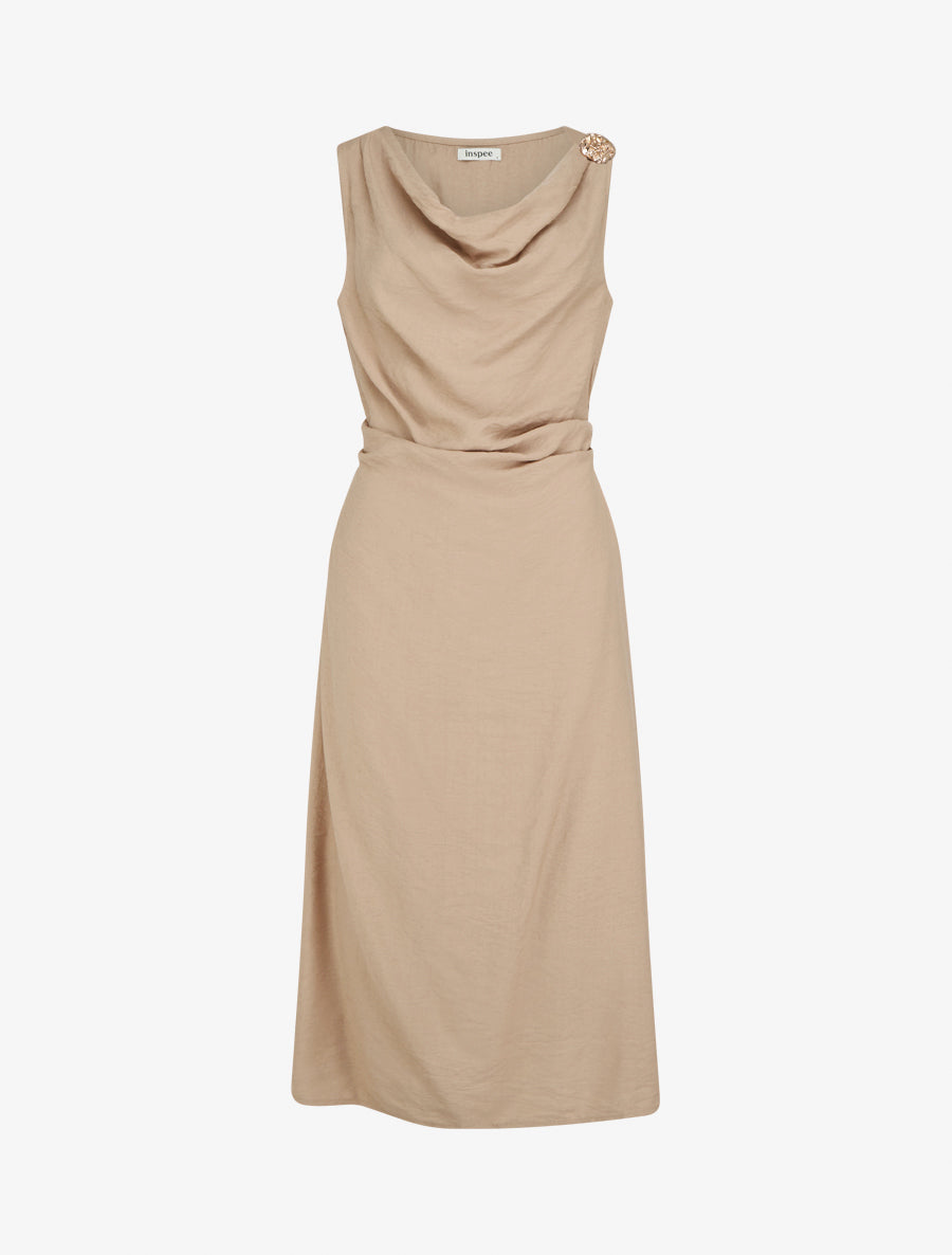 Robe longue sans manches à effet drapé - Beige foncé - 1