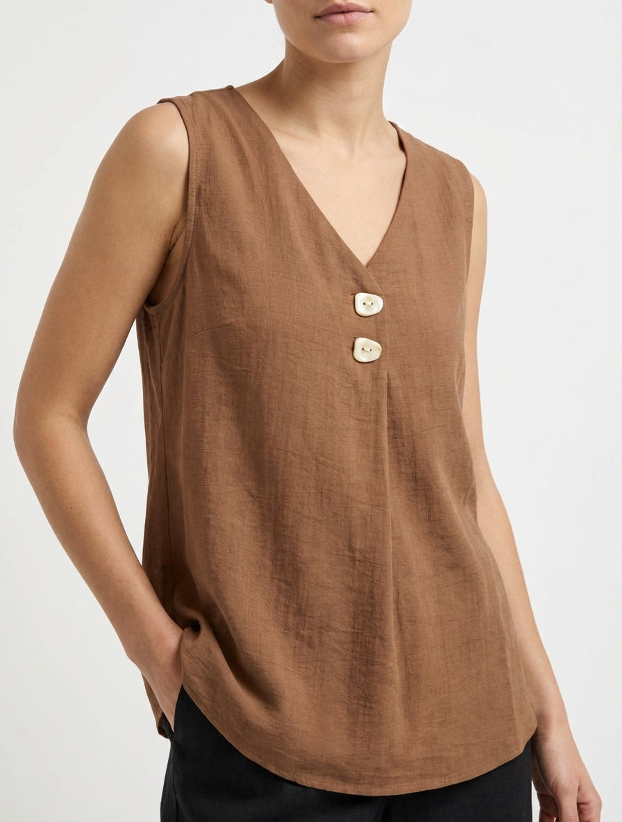 Top sans manches à col V boutonné - Marron