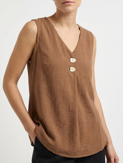 Top sans manches à col V boutonné - Marron