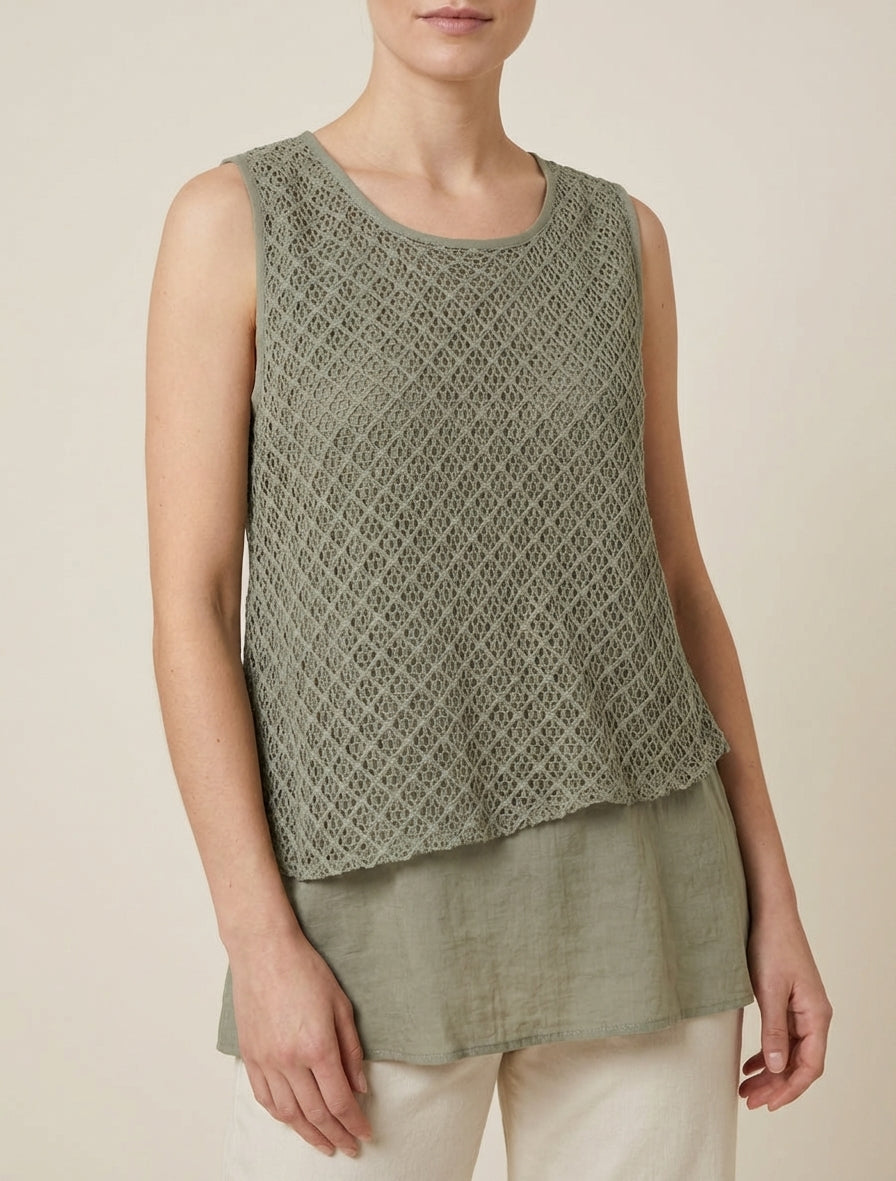 Top droit sans manches en crochet - Kaki