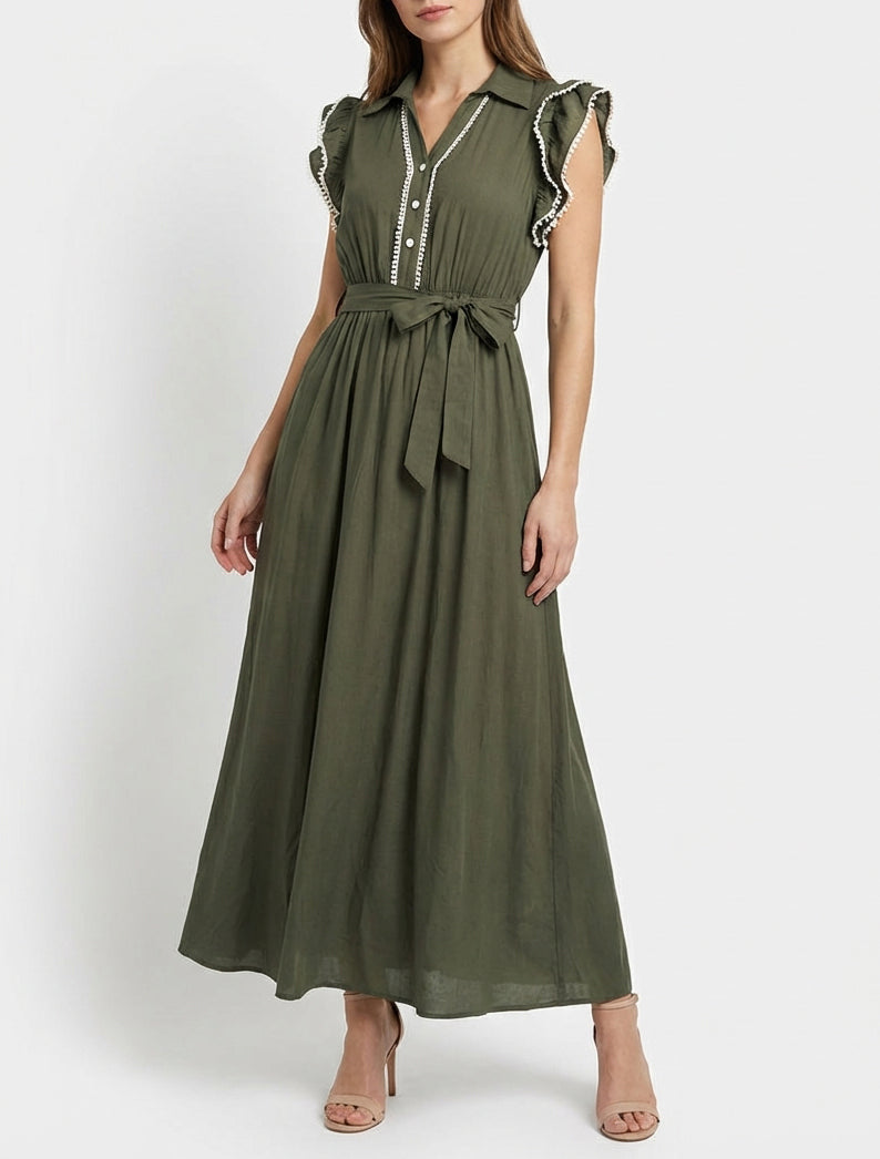 Robe longue évasée à crochet - Kaki