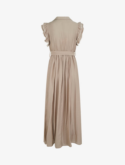 Robe longue à mancherons volantés en crochet - Taupe - 2