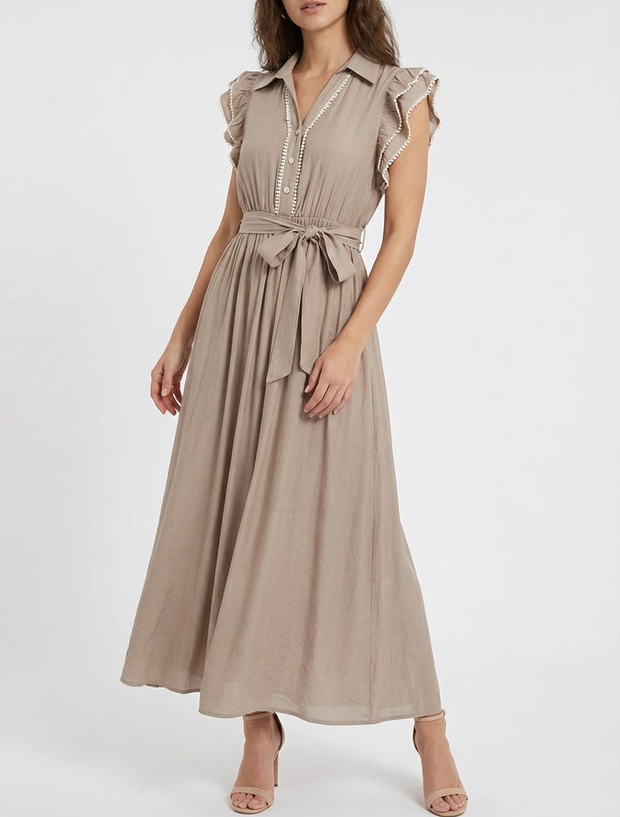 Robe longue à mancherons volantés en crochet - Taupe