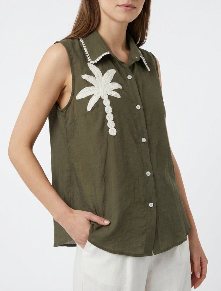Chemise sans manches à broderie palmier - Kaki