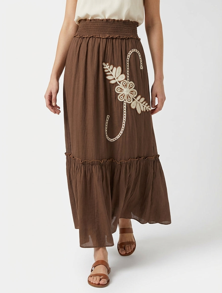 Jupe longue évasée à motif floral brodé - Marron
