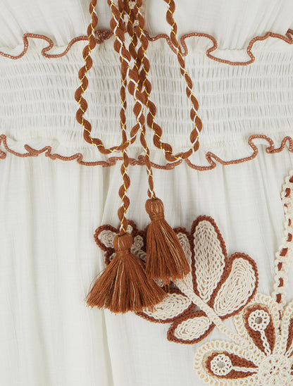 Robe longue à fines bretelles et broderie florale - Blanc - 3