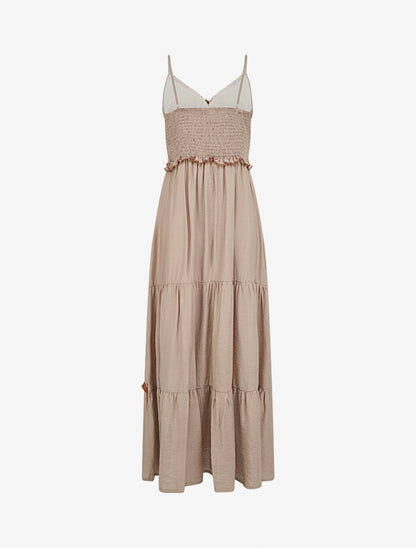 Robe longue à fines bretelles et broderie florale - Taupe - 2