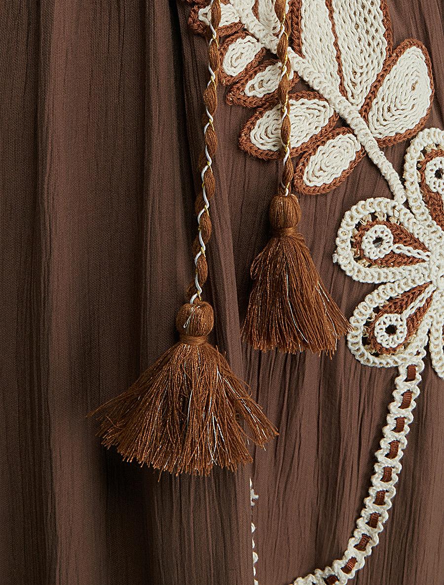 Robe longue à fines bretelles et broderie florale - Marron - 3