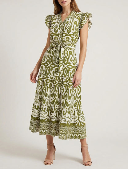 Robe longue graphique coupe évasée - Kaki