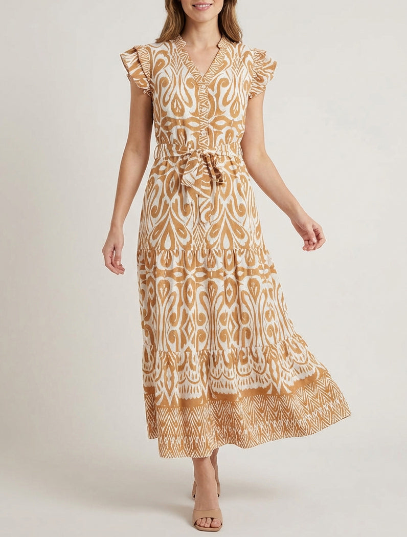 Robe longue graphique coupe évasée - Camel