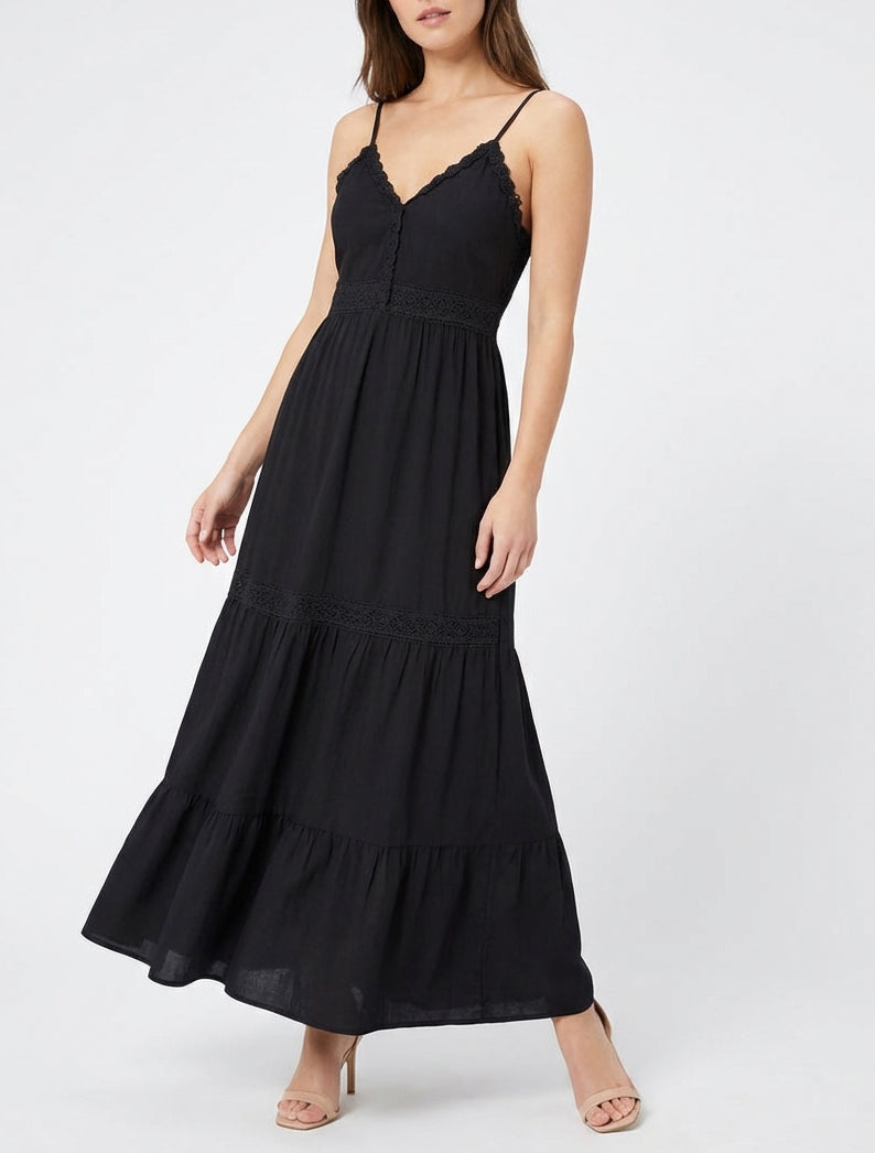 Robe élastiquée à empiècements en crochet - Noir