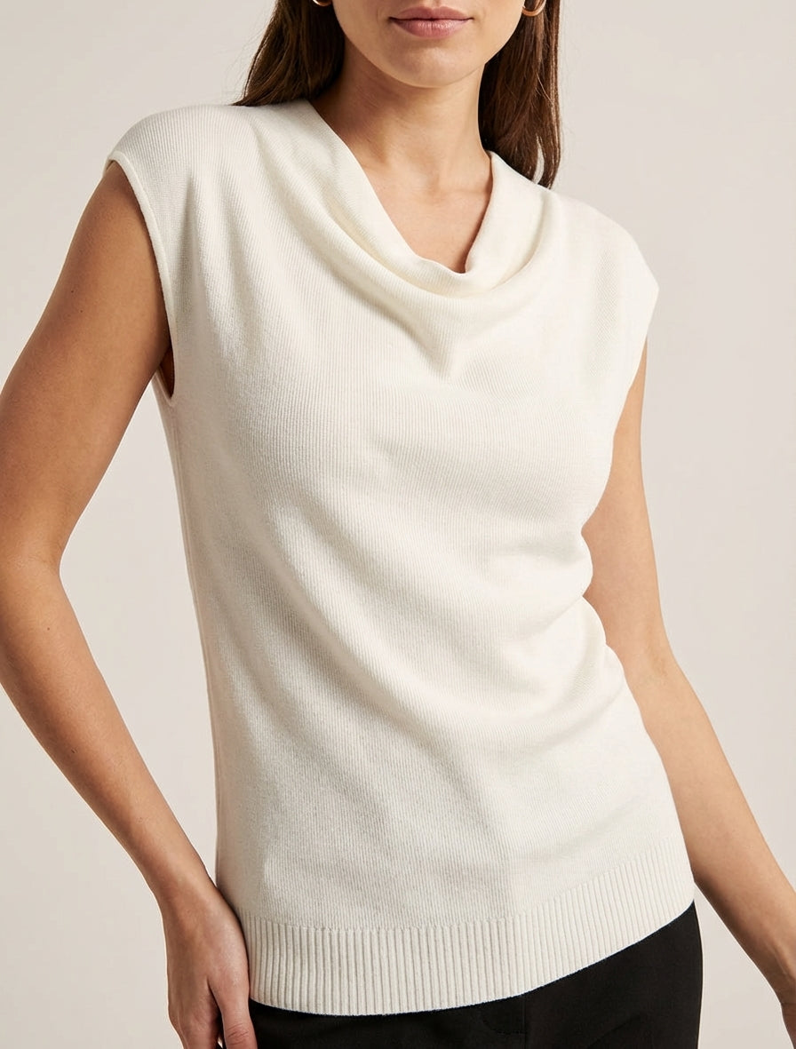 Top uni sans manches à col bénitier - Écru