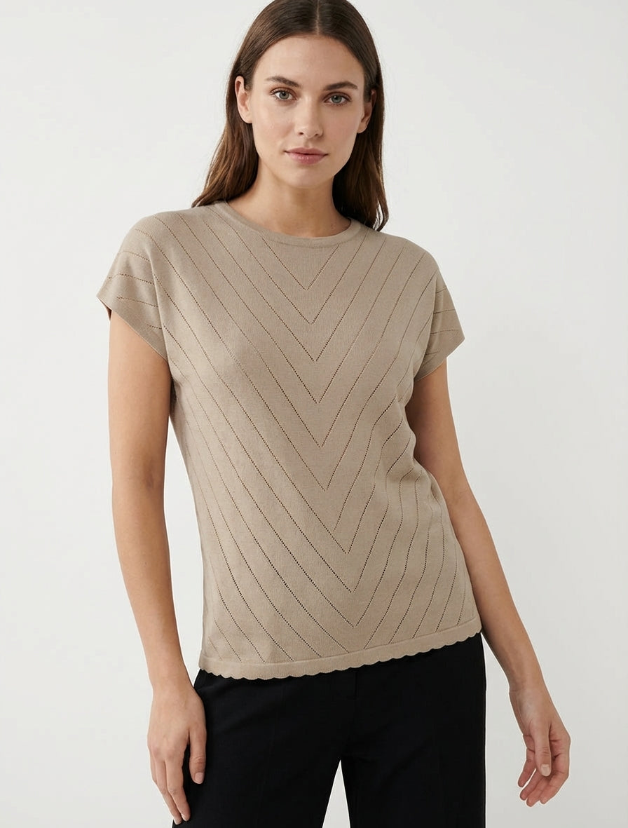 Top uni ajouré à col rond - Taupe