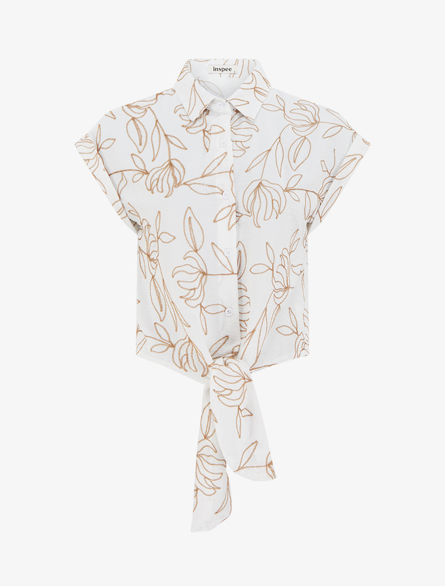 Chemise à nouer à broderies végétales - Écru - 1