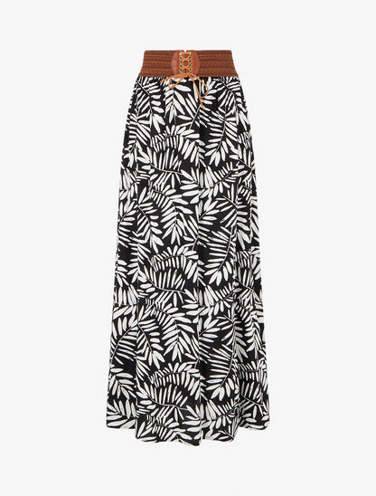Jupe longue imprimé feuillages à taille élastiquée - Noir - 1