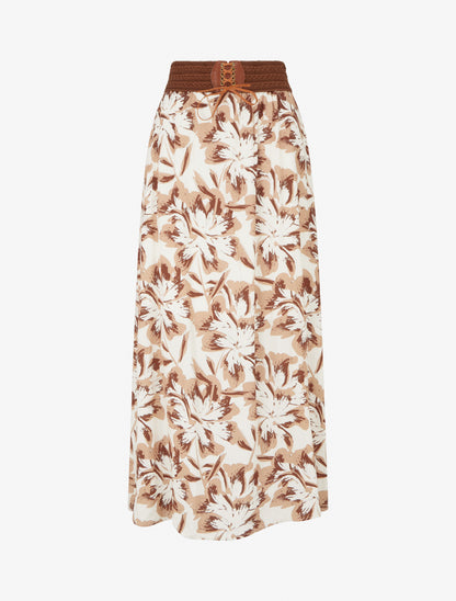 Jupe longue élastiquée imprimé fleuri - Marron - 1