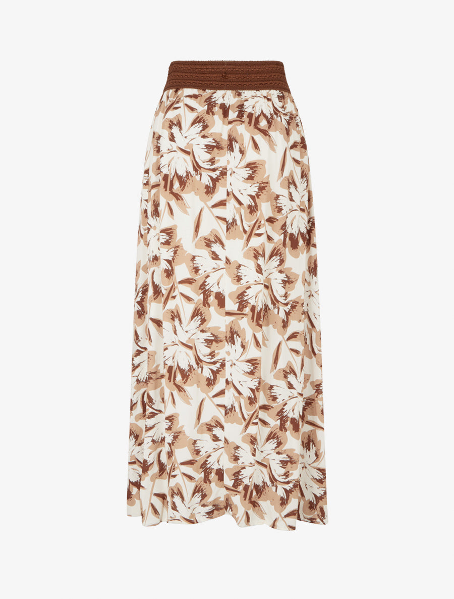 Jupe longue élastiquée imprimé fleuri - Marron - 2