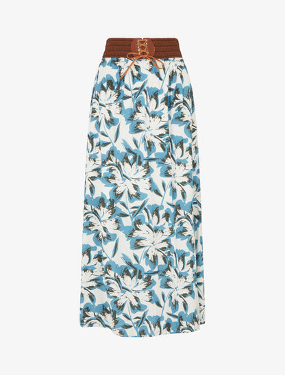 Jupe longue élastiquée imprimé fleuri - Bleu clair - 1