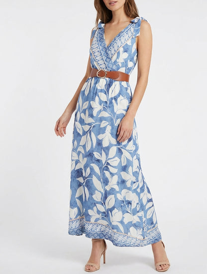 Robe imprimé fleurs tropicales à bretelles à nouer - Bleu clair